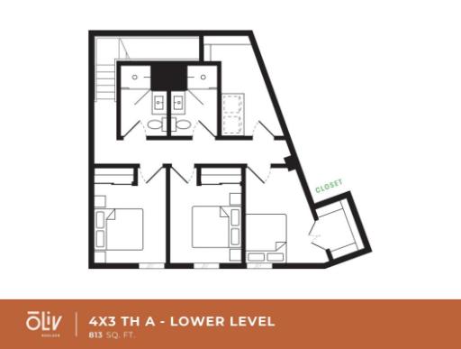 Modern floor plan of lower level showcasing 2 bedrooms, shared bathroom, and storage closet in an 813 sq ft layout.