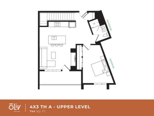 Modern upper-level floor plan of 4X3 TH A featuring a sleek open-concept living area, stylish kitchen, and cozy bedroom layout in 744 sq ft.
