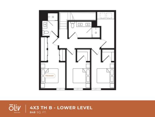 Modern 4x3 TH B lower level floor plan with 848 sq ft, showcasing a primary bedroom and two additional bedrooms, along with a contemporary kitchen layout.