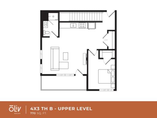 Modern upper-level floor plan featuring one bedroom, a spacious open-concept living area, and a kitchen, totaling 770 sq ft.