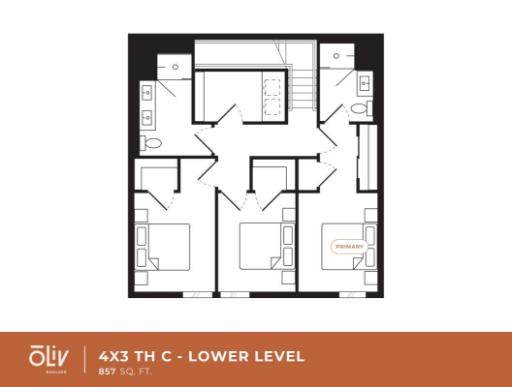 Efficient lower level 3-bedroom floor plan with two bathrooms, modern design, and 857 sq ft of living space in the 4x3 TH C layout.