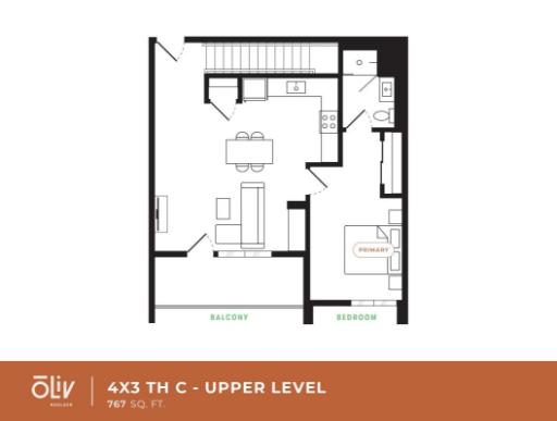 Contemporary floor plan showcasing 1 bedroom, kitchen, living space, and balcony on the upper level at 767 sq ft.