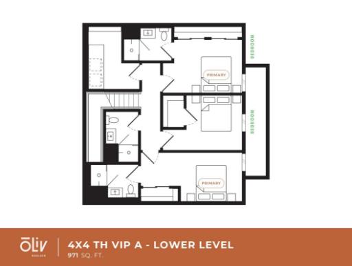 Sophisticated 4x4 TH VIP A lower-level floor plan showcasing 971 sq. ft. with two primary bedrooms, a stylish layout, and convenient amenities.