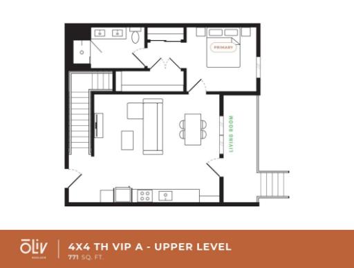 Elegant 4x4 VIP A upper level floor plan boasting a spacious living area with modern kitchen, primary bedroom, and dual bathrooms, 771 sq ft.