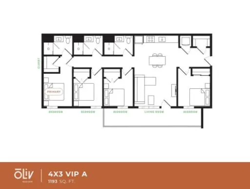 Sleek floor plan design for 4x3 VIP A featuring four bedrooms, three bathrooms, an open living area, and modern kitchen layout spanning 1193 sq. ft.