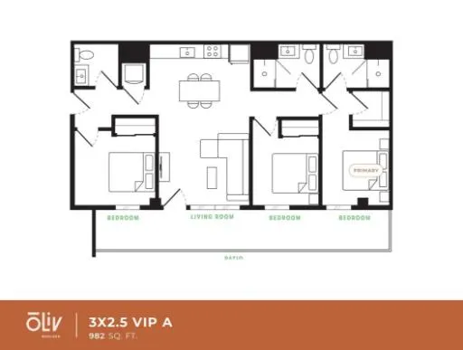 Modern floor plan of a VIP apartment featuring 3 bedrooms, 2.5 bathrooms, a stylish living room, and an efficient kitchen across 982 square feet.