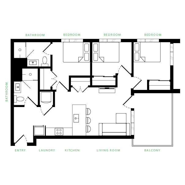 Modern floor plan showcasing 3 bedrooms, spacious living room, sleek kitchen, and balcony access.
