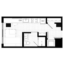 Modern floor plan showcasing a streamlined studio layout with an open kitchen, cozy living area, and compact bathroom.