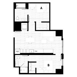 Elegant 2D floor plan featuring 2 bedrooms, a modern kitchen, and an open-concept living area.