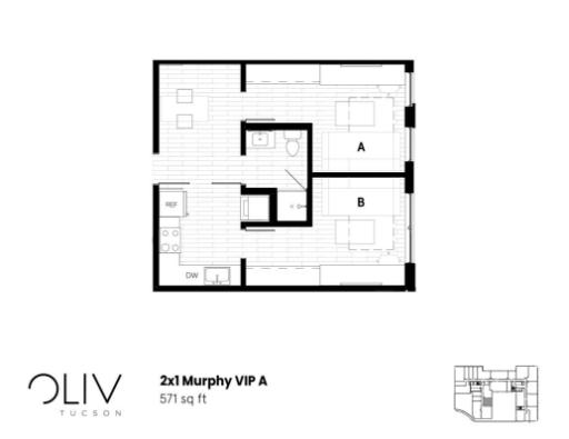 Modern 2x1 Murphy VIP A floor plan with two stylish bedrooms and an open living space, 571 sq ft.