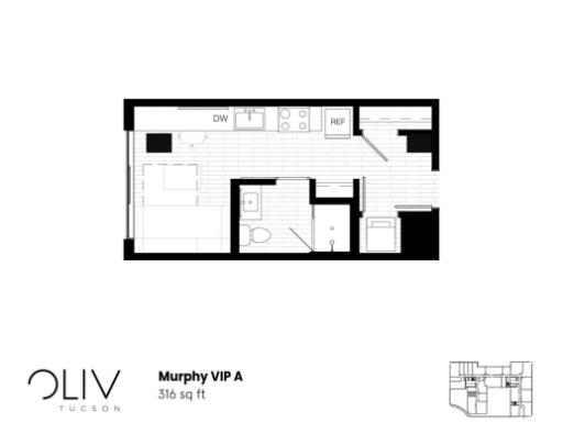Oliv Tucson Murphy VIP A floor plan featuring an efficient layout with a compact kitchen, private bedroom, and modern bathroom in 316 sq ft.