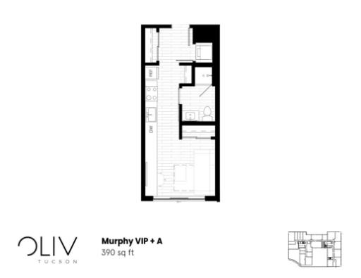 Elegant Murphy VIP + A floor plan with efficient layout, offering cozy living area and modern kitchen in 390 sq ft space.