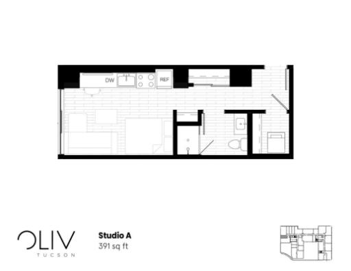 Modern Studio A floor plan at Oliv Tucson featuring a sleek layout with integrated kitchen, spacious living area, and bathroom, spanning 391 sq ft.