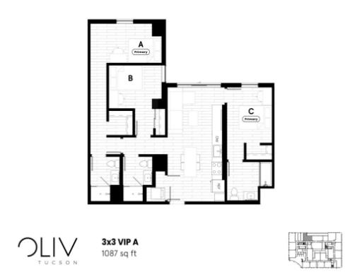Modern 3x3 VIP A floor plan with three primary bedrooms, spacious living area, and efficient layout, totaling 1087 sq ft.