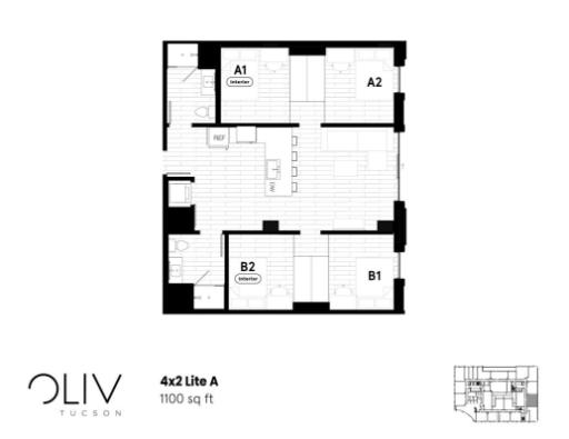 Oliv Tucson 4x2 Lite A floor plan featuring 4 spacious bedrooms and modern living area in 1100 sq ft.
