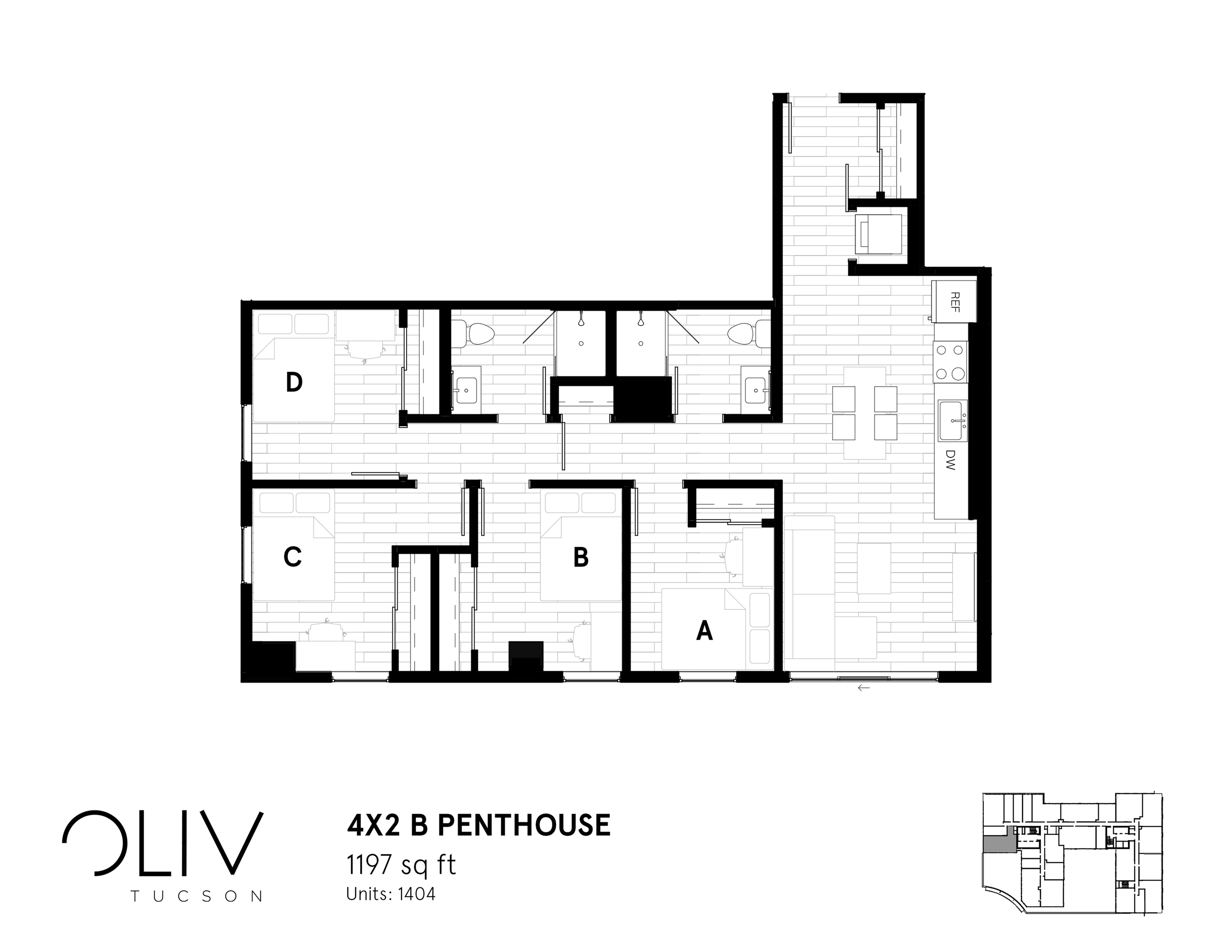 Luxurious 4X2 B Penthouse floor plan showcasing 4 bedrooms, spacious living area, and modern kitchen, totaling 1197 sq ft.