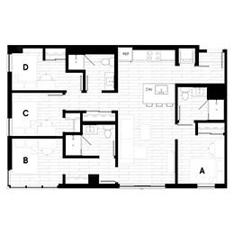Modern floor plan showcasing a spacious layout with four labeled rooms and an open-concept kitchen and living area.