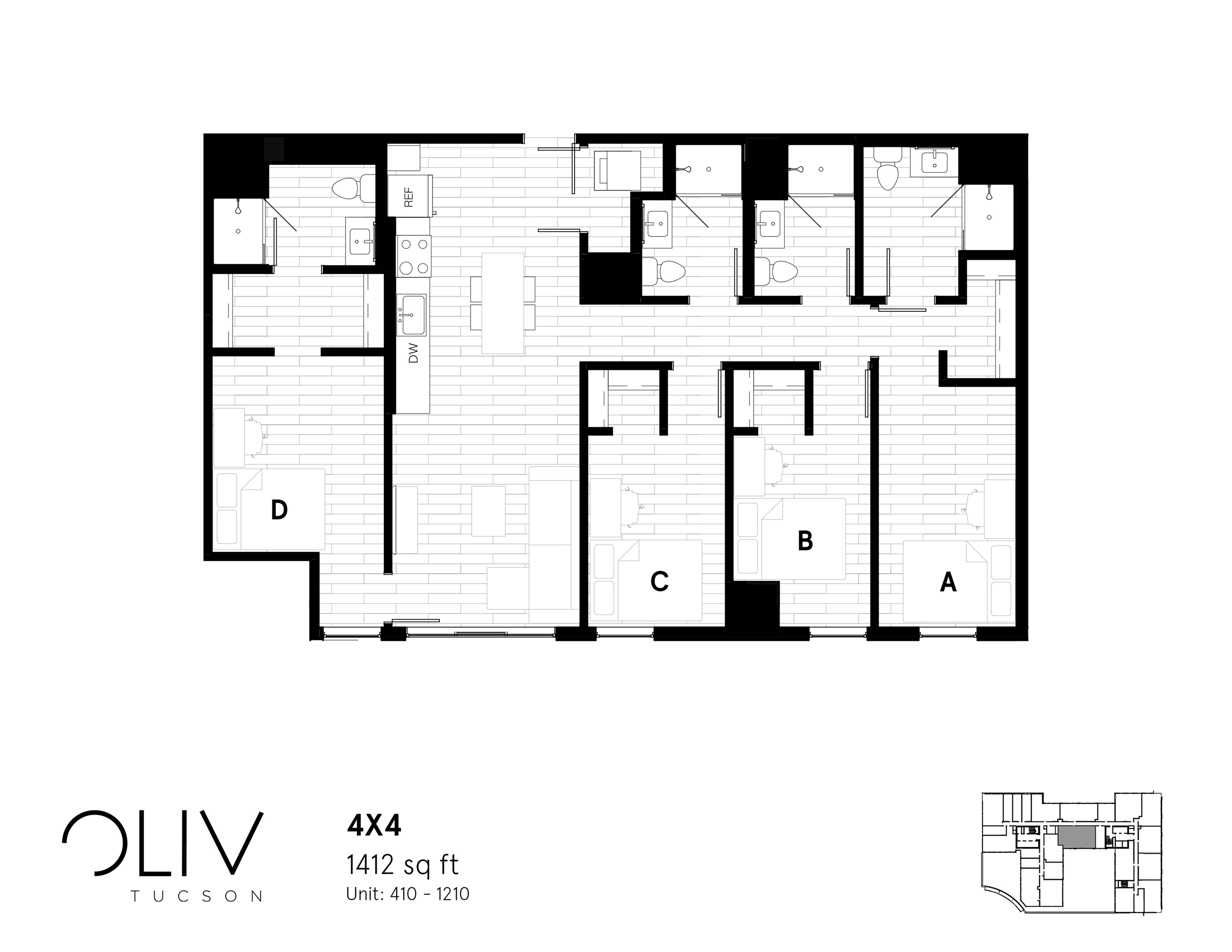 Oliv Tucson 4x4 floor plan showcasing a modern layout with 4 bedrooms, each with private baths, a central open-concept living space, and a functional kitchen, spanning 1412 sq ft.