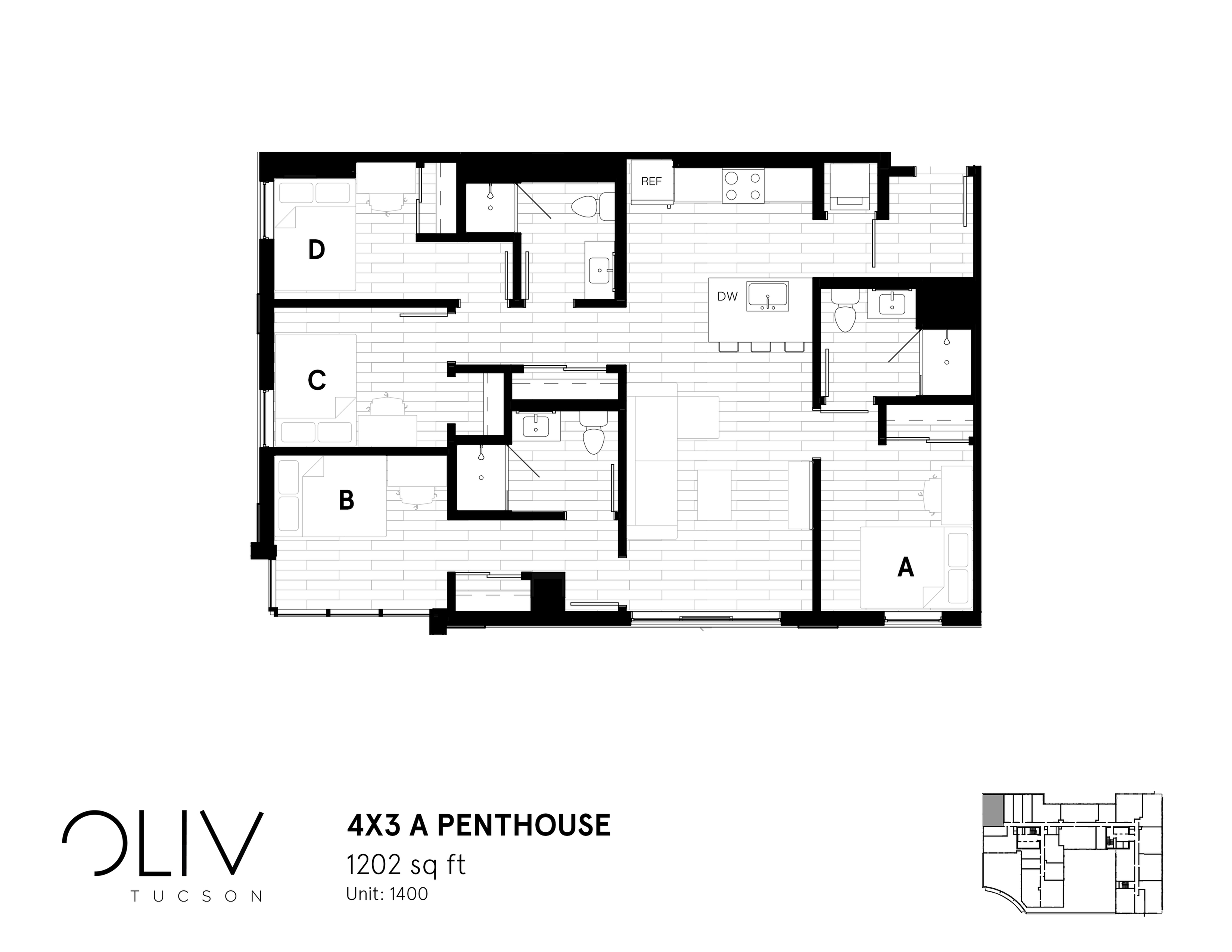 Modern 4x3 penthouse floor plan showcasing 4 bedrooms and 3 bathrooms, with expansive open-concept living and dining areas in a 1202 sq ft space, Unit 1400 at Oliv Tucson.