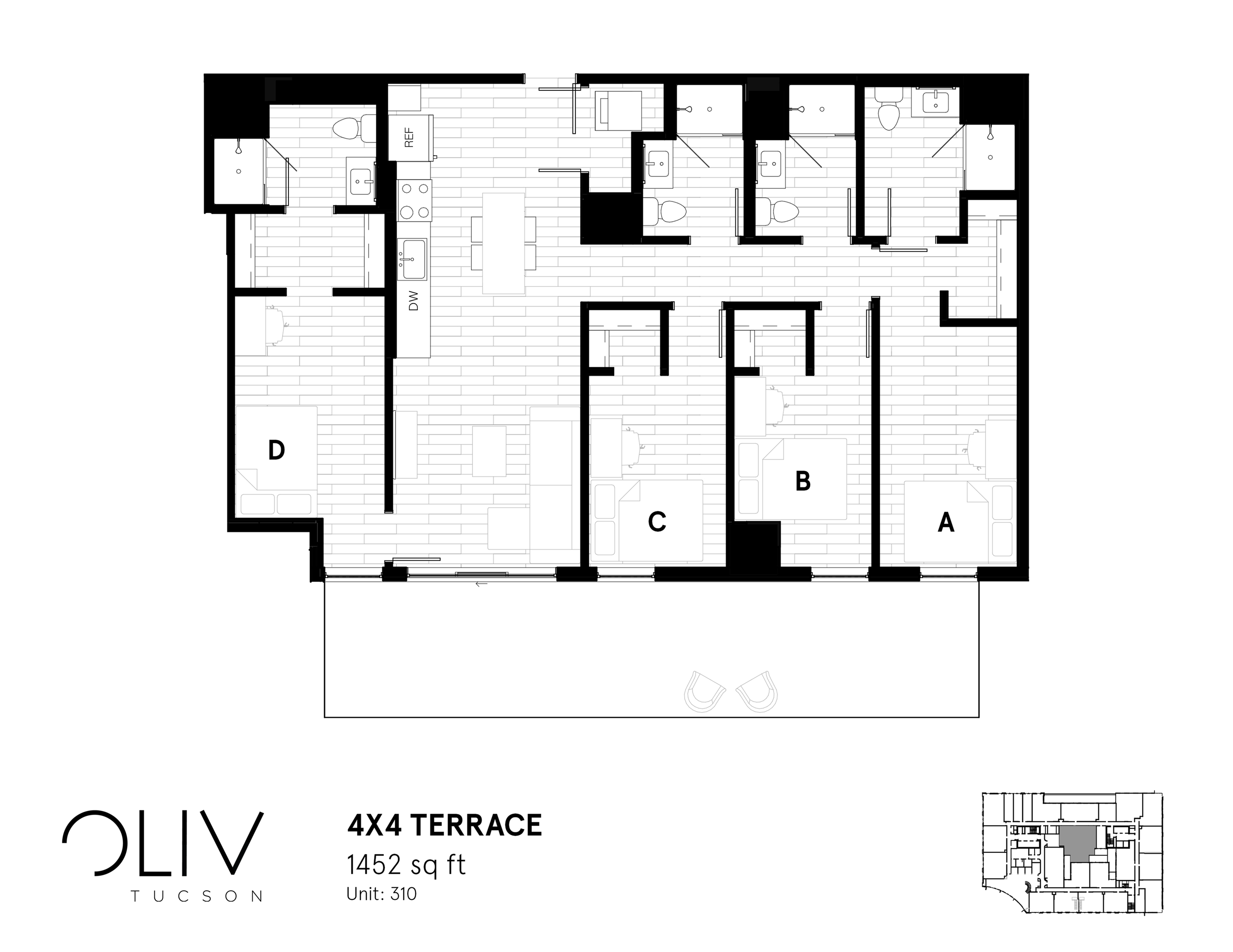 Modern 4x4 Terrace floor plan featuring 4 bedrooms and a spacious layout at 1452 sq ft, ideal for comfortable living in Oliv Tucson, Unit 310.