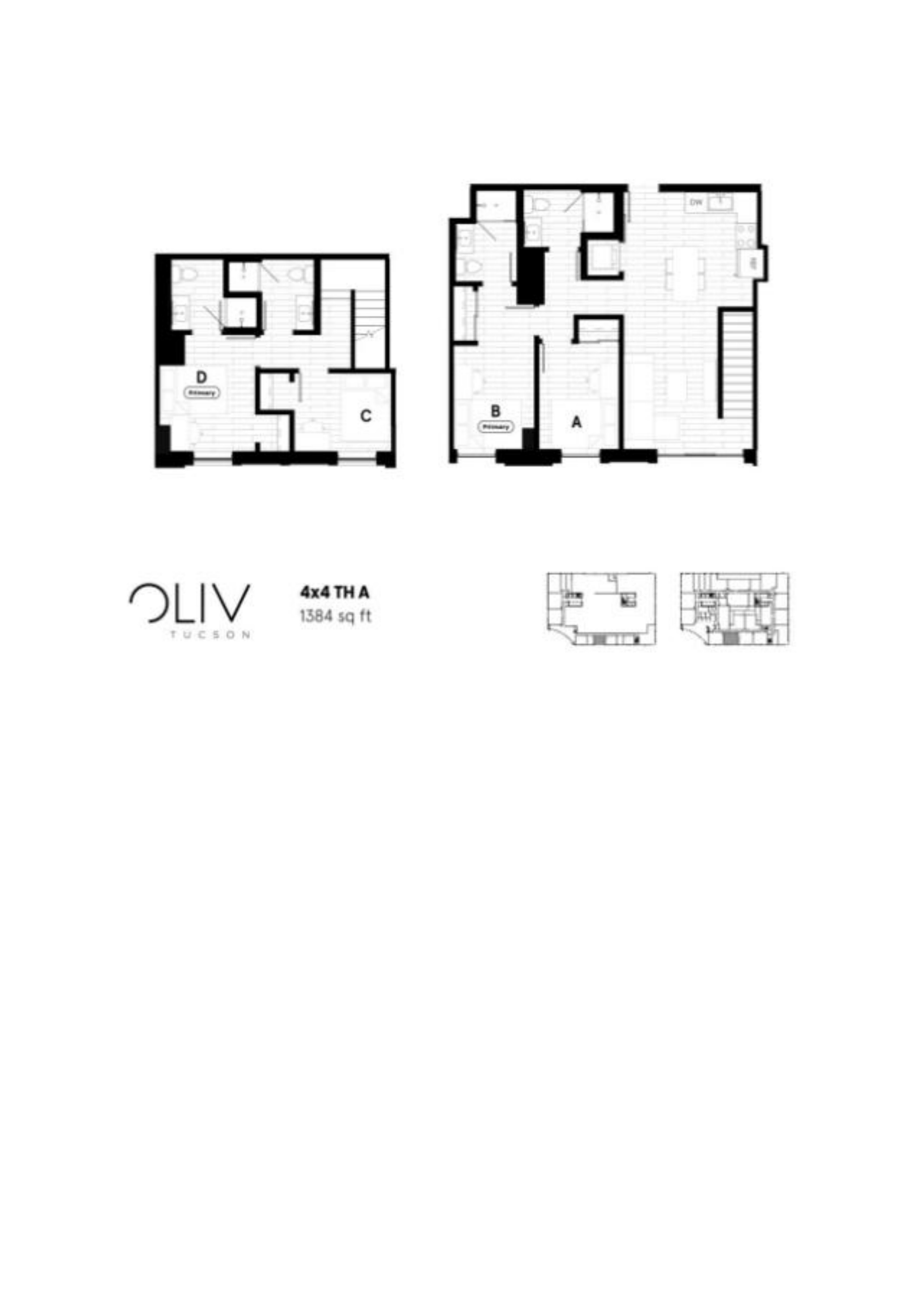 Modern 4-bedroom townhouse floor plan with spacious living area and stylish design, 1384 sq ft at OLIV Tucson.