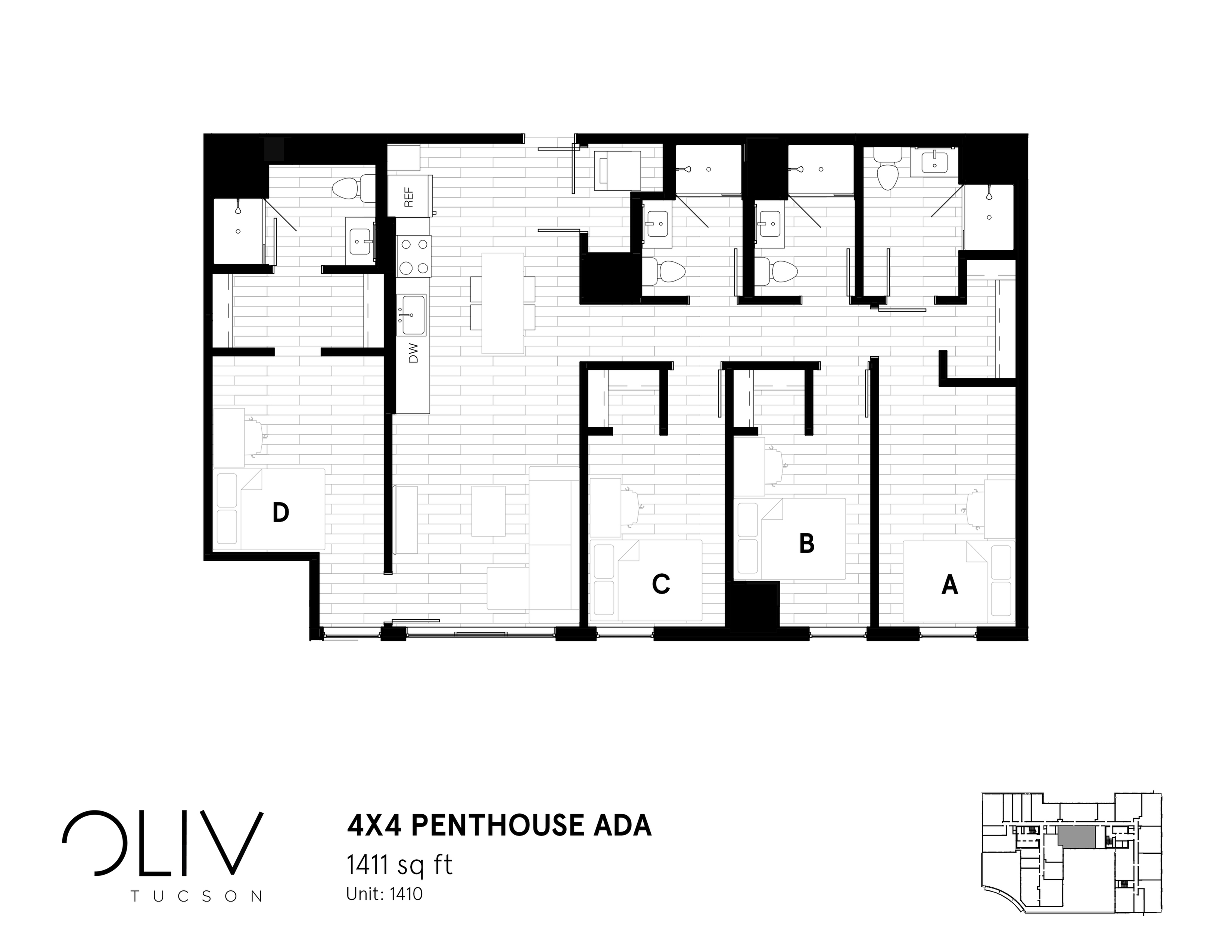 Contemporary 4x4 Penthouse ADA floor plan featuring four bedrooms, open kitchen, and spacious living areas, totaling 1411 sq ft.