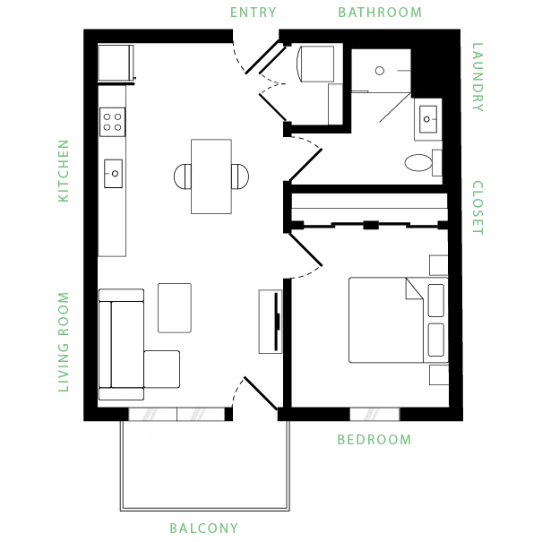 Modern 1-bedroom apartment floor plan featuring an open-concept living room and kitchen, a cozy bedroom, laundry space, and a private balcony.