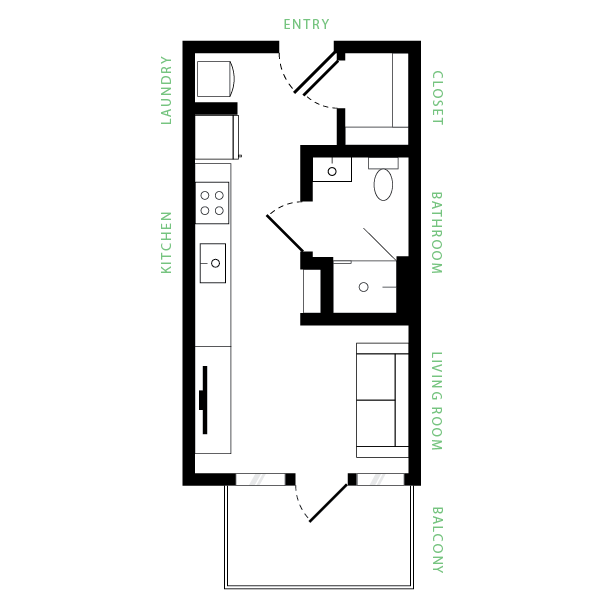 Modern floor plan featuring an open kitchen with laundry, cozy living room leading to a balcony, and a convenient bathroom with closet.