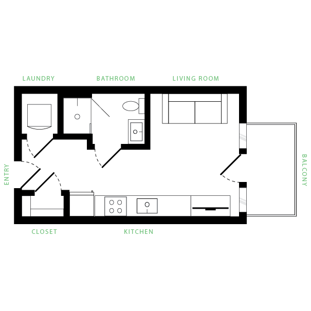 Modern floor plan showcasing a stylish open-layout living room and kitchen, featuring a cozy balcony, laundry area, and closet space.
