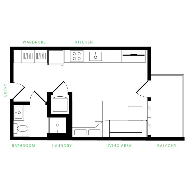 Modern floor plan showcasing a seamless layout with a kitchen, bathroom, laundry, and open living area leading to a balcony. Stylish and efficient design with ample wardrobe space.