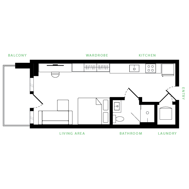Elegant 1-bedroom apartment floor plan featuring a modern kitchen, cozy living area, and balcony access, complete with bathroom and laundry.