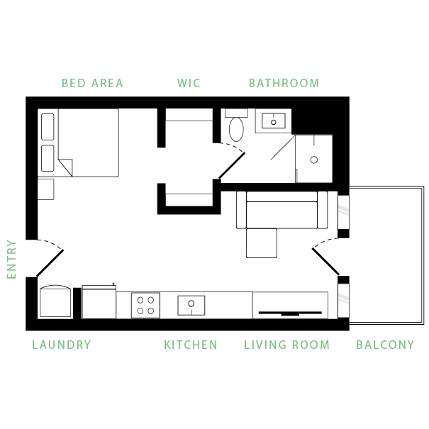 Modern floor plan showcasing an efficient studio apartment layout with a bed area, walk-in closet, kitchen, cozy living room, bathroom, laundry, and inviting balcony.