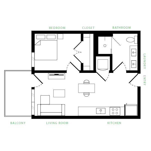 Modern apartment floor plan featuring 1 bedroom, a stylish bathroom, open-concept living room, and fully equipped kitchen with balcony access.
