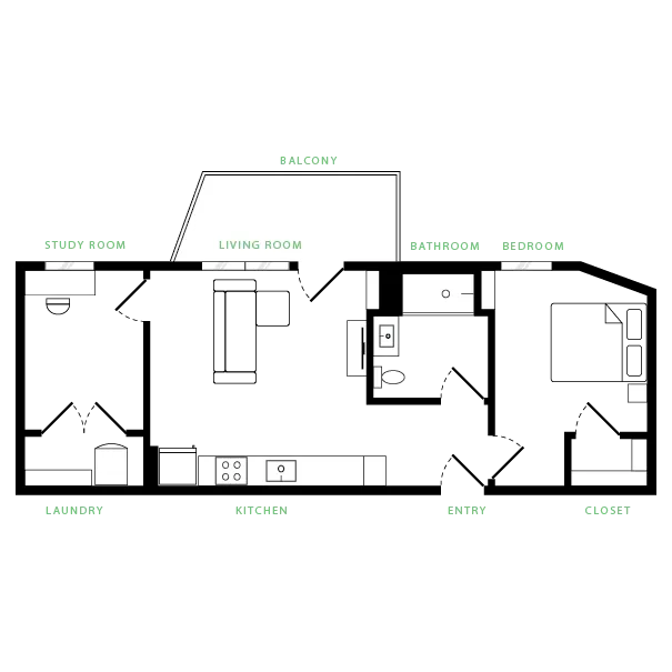 Contemporary apartment floor plan featuring a study room, spacious living area with balcony, modern kitchen, laundry room, and a cozy bedroom with closet.