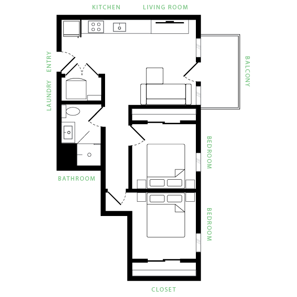 Contemporary floor plan showcasing a sleek kitchen, open living room, two cozy bedrooms, a modern bathroom, and a private balcony.