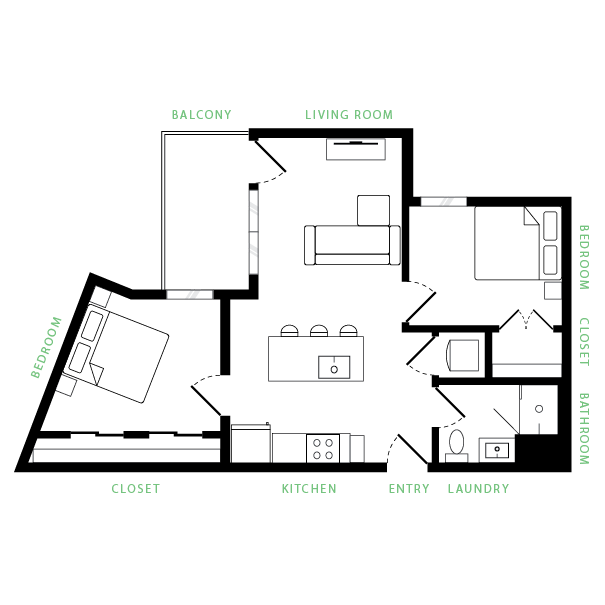 Contemporary floor plan featuring 2 spacious bedrooms, an open kitchen, a cozy living room, and a relaxing balcony.