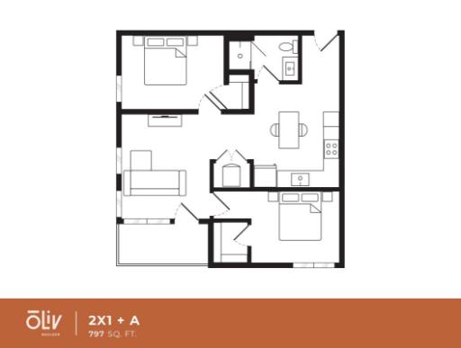 Modern 2D floor plan of a 797 sq ft apartment featuring 2 bedrooms, a cozy living room, and a functional kitchen.