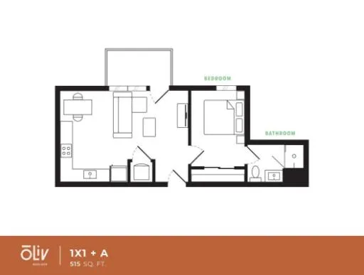 Modern 1-bedroom apartment floor plan with a cozy living room, efficient kitchen, and spacious bathroom layout, spanning 515 square feet.