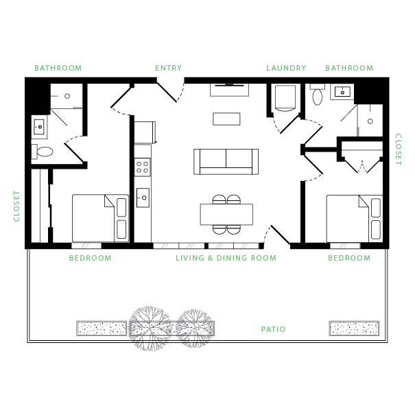 Inviting floor plan showcasing 2 bedrooms, open living and dining area, modern kitchen, and a cozy patio.