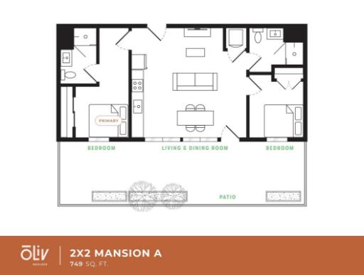 Elegant 2X2 Mansion A floor plan featuring two bedrooms, open-concept living and dining area, modern kitchen, and spacious patio, 749 sq ft.