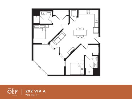 Modern 2D floor plan for 2X2 VIP A apartment, featuring two bedrooms, a spacious kitchen, stylish living area, and two bathrooms, covering 790 sq. ft.