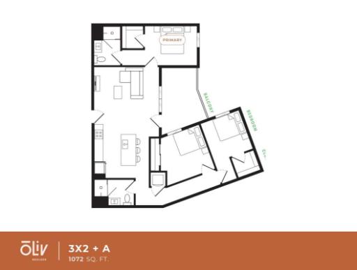 Modern floor plan showcasing a 3-bedroom layout with a spacious living area, sleek kitchen, and two balconies, totaling 1072 sq. ft.