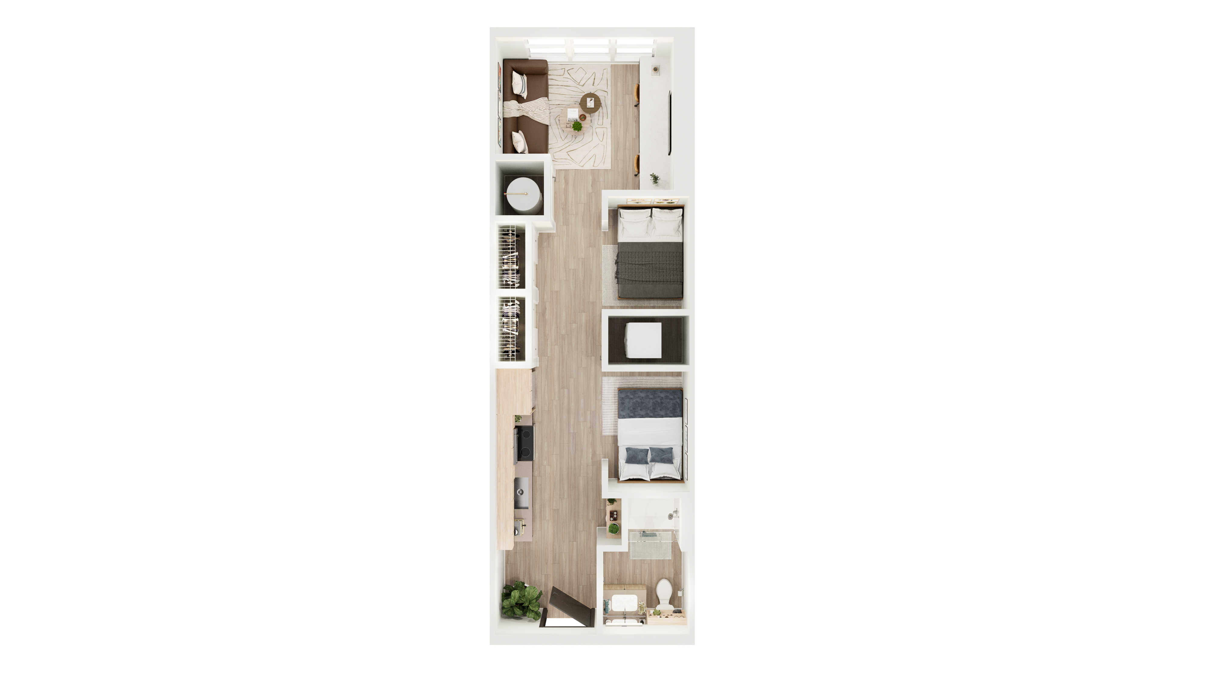 Modern apartment floor plan showcasing a sleek layout with three cozy bedrooms, a spacious living area, and an efficient kitchen design.