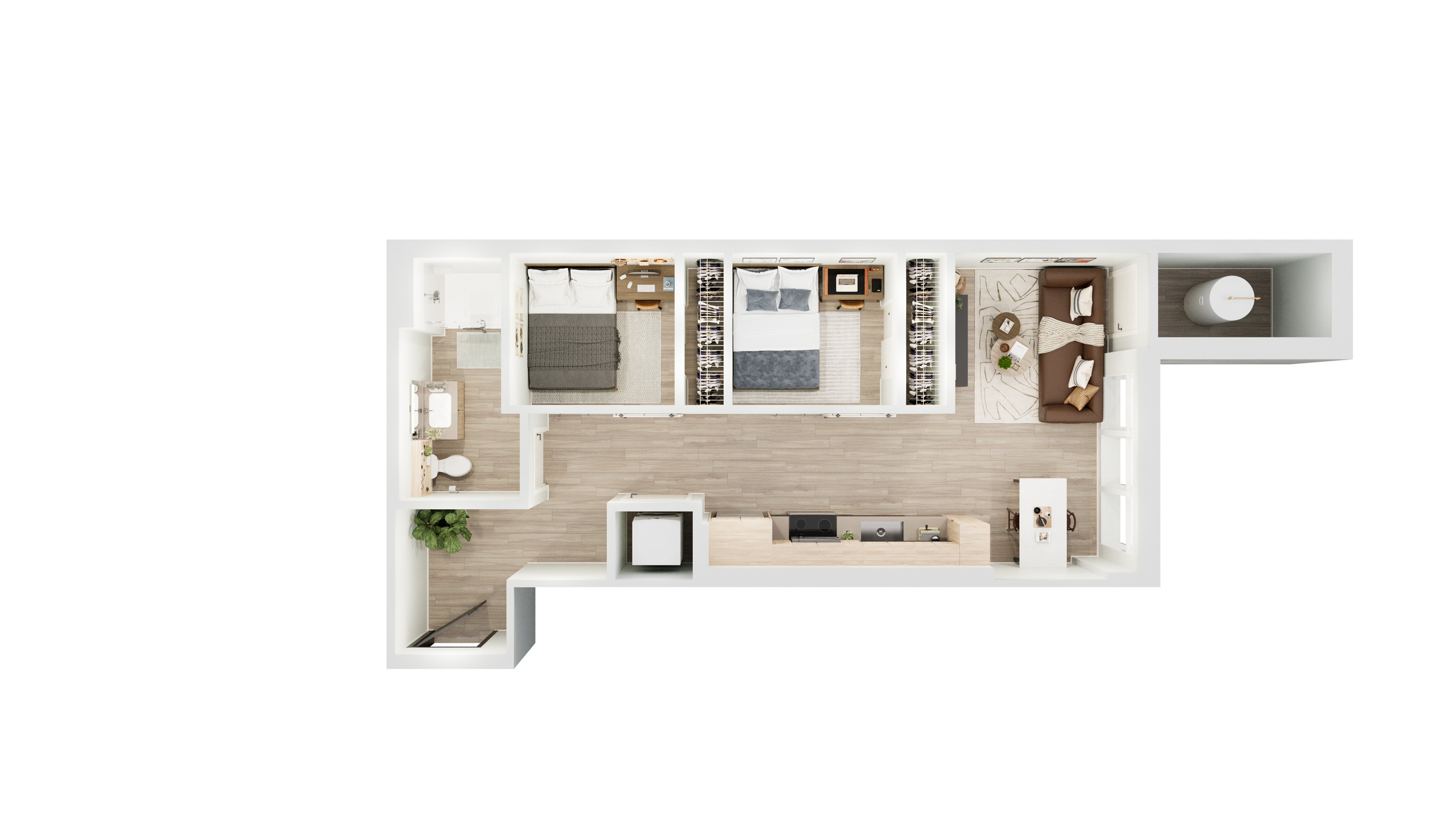 Modern open-concept floor plan featuring two cozy bedrooms, a spacious living room, sleek kitchen, and elegant bathroom.