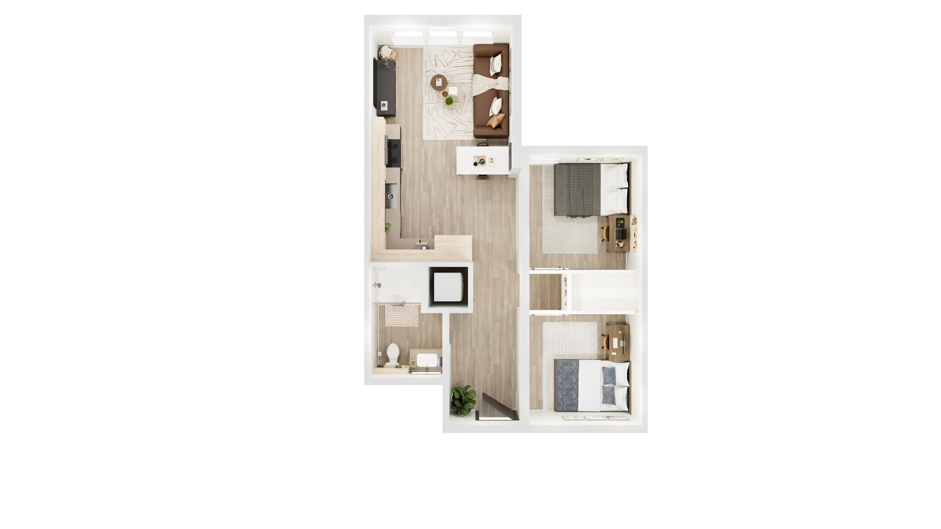 Chic 2D floor plan showcasing a modern 2-bedroom apartment with open-plan living, kitchen, and dining area.