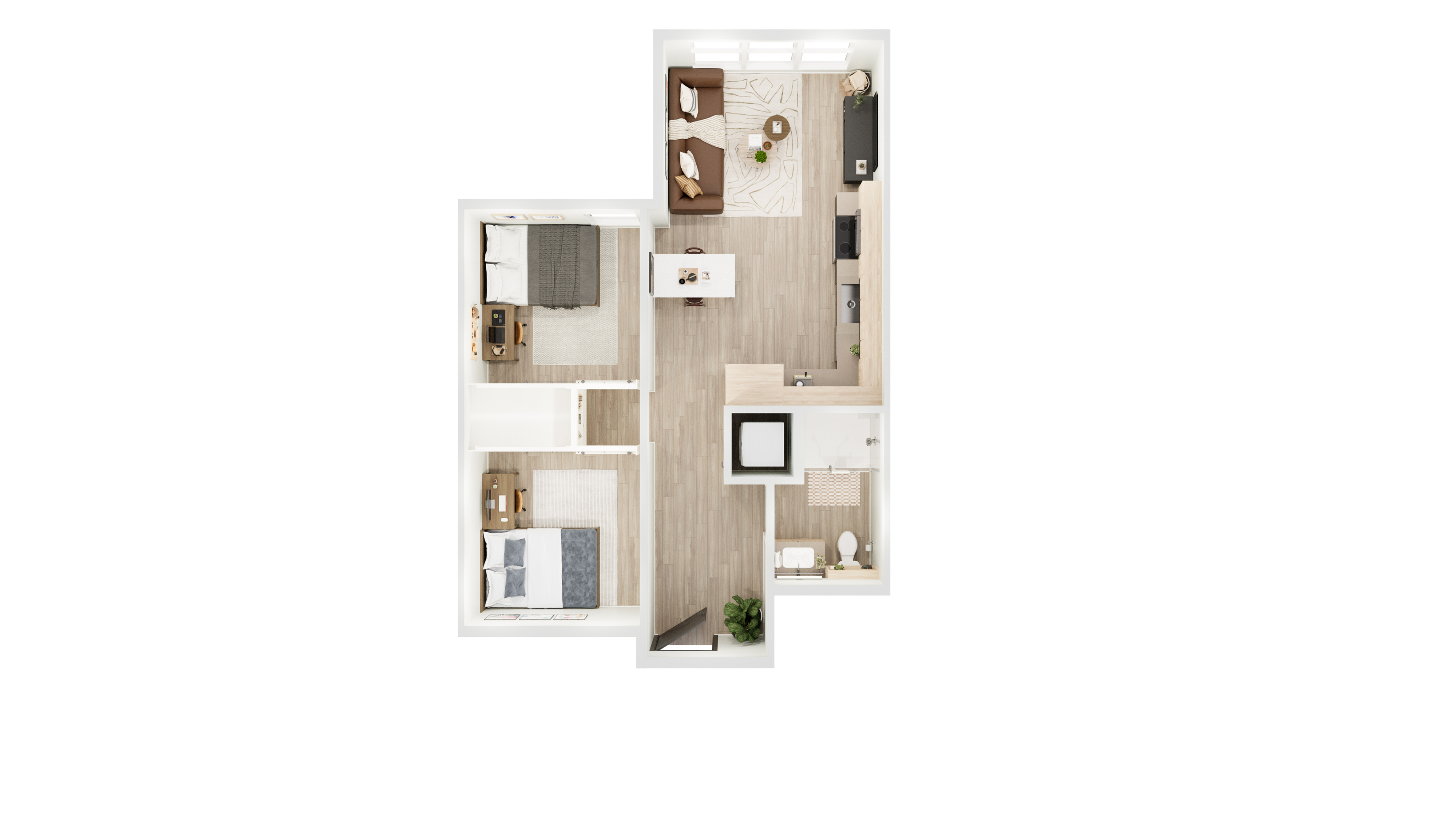 Elegant 2D floor plan showcasing a modern apartment with two cozy bedrooms, an open living area, and a sleek kitchen.