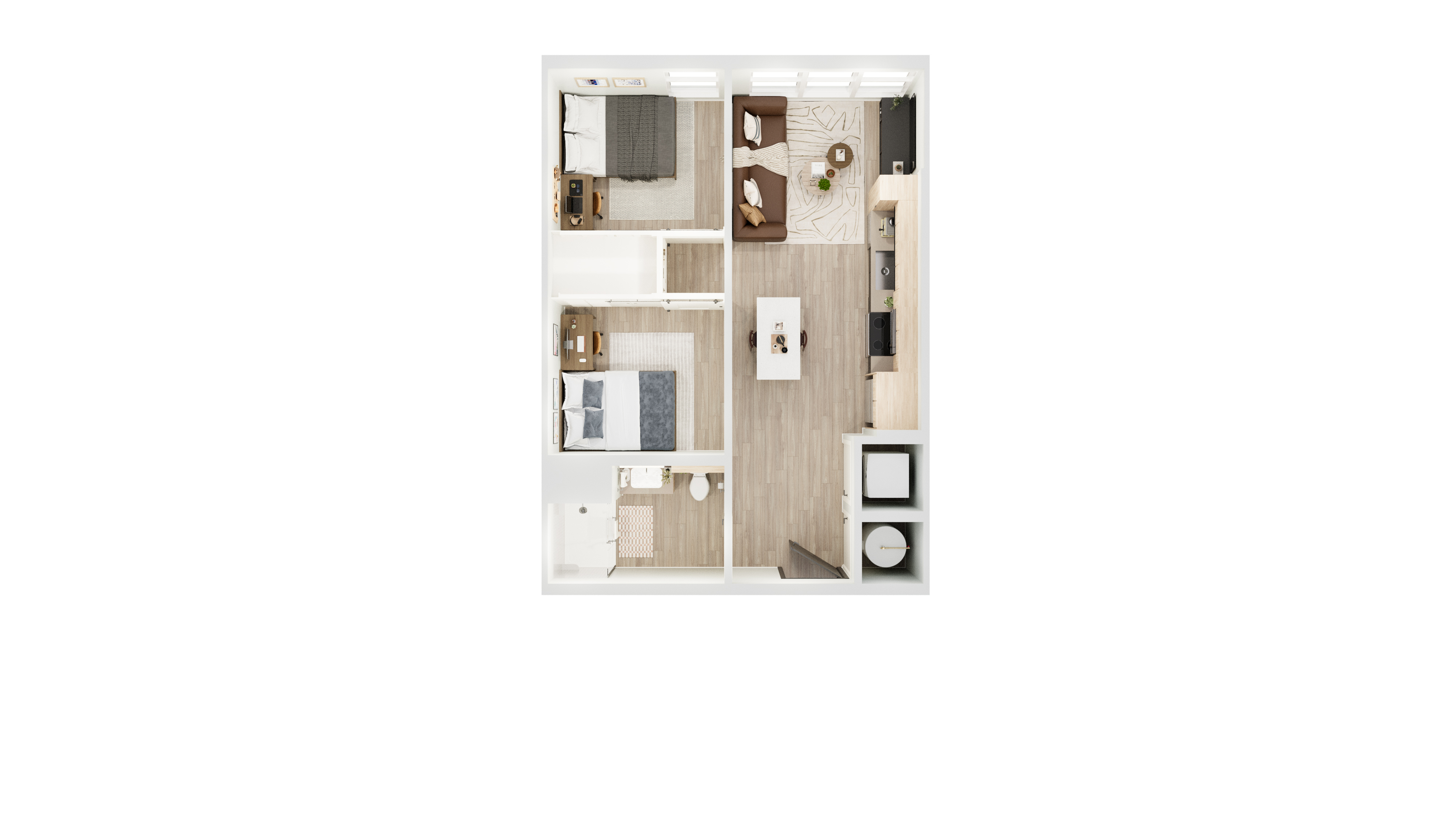 Modern 2D floor plan showcasing 2 cozy bedrooms, a stylish living area, a sleek kitchen with island, and a well-appointed bathroom.
