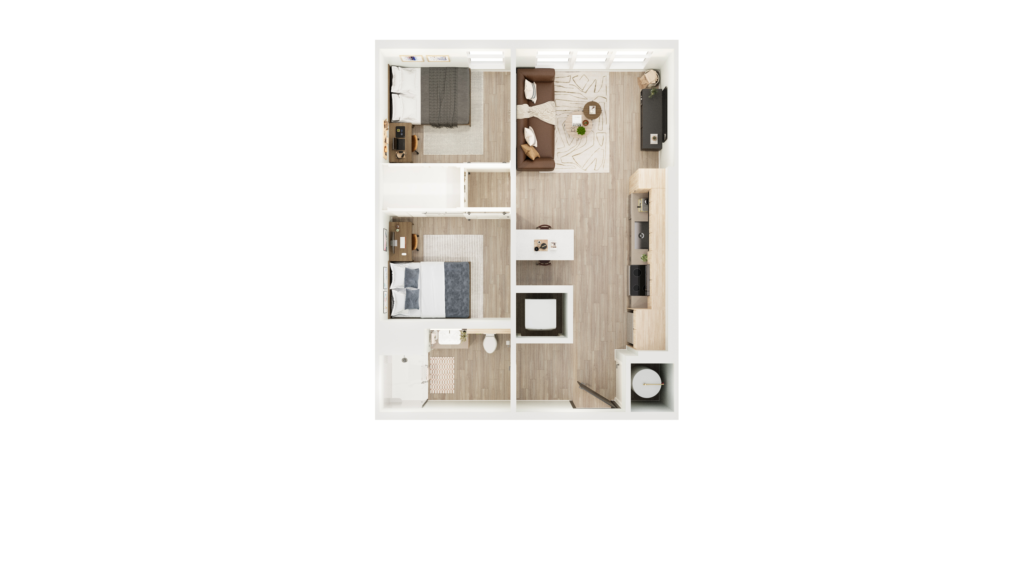 Contemporary 2D floor plan showcasing 2 bedrooms, a cozy living room, modern kitchen, and bathroom with sleek design.