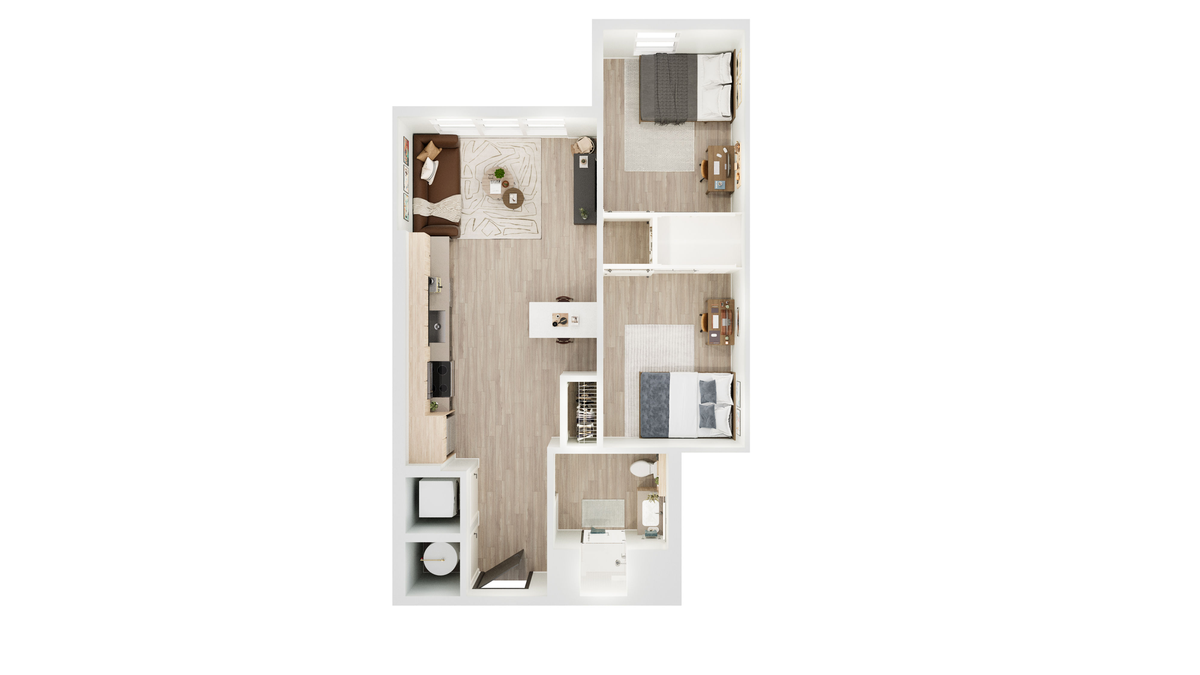 Contemporary 2D floor plan showcasing two cozy bedrooms, an elegant open-concept living and kitchen area, and a stylish bathroom.