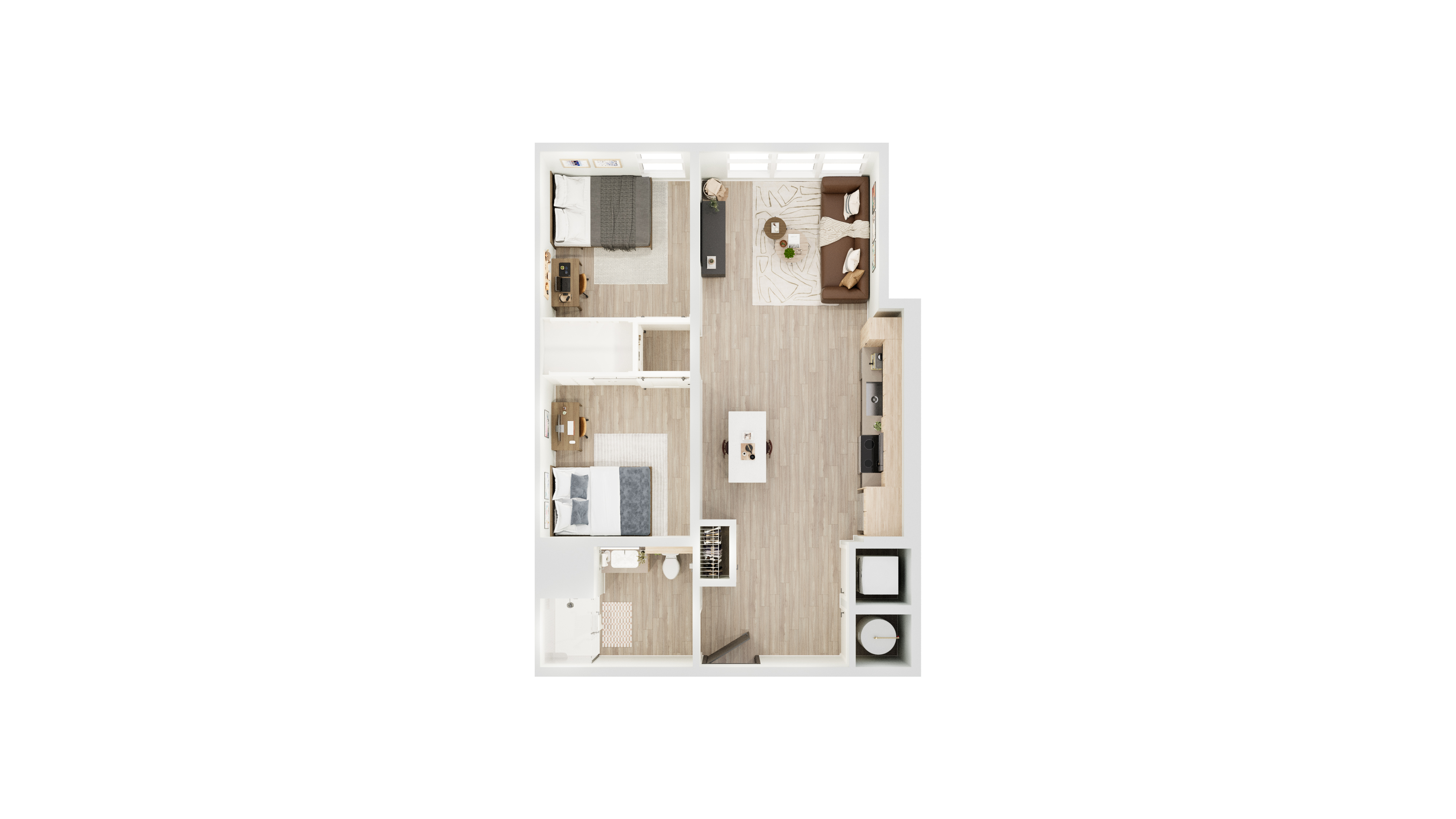 Modern floor plan featuring 2 spacious bedrooms, an open living area, sleek kitchen, and cozy bathroom.